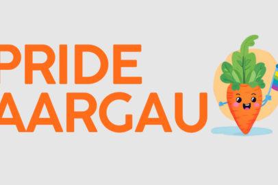 Das Logo der Pride Aargau mit einem Rüebli, das eine Regenbogenflagge hält