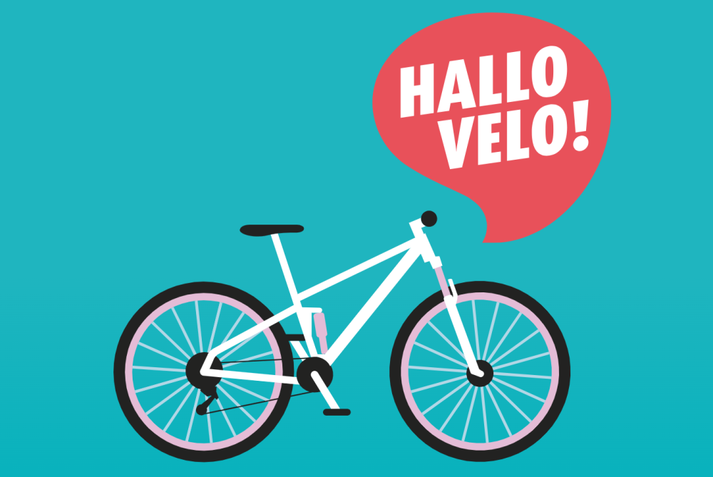 Illustration eines Velos auf türkisem Hintergrund mit dem Schriftzug Hallo Velo