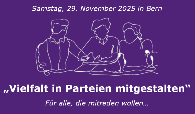 Ein Plakat mit dunkelviolettem Hintergrund. Im oberen Bereich steht in weisser Schrift: 