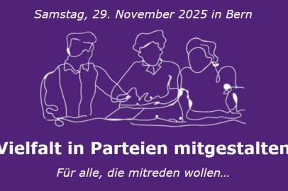 Ein Plakat mit dunkelviolettem Hintergrund. Im oberen Bereich steht in weisser Schrift: 