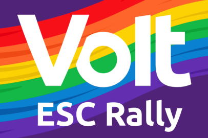 Volt Logo auf Regenbogen-Hintergrund, darunter der Text 