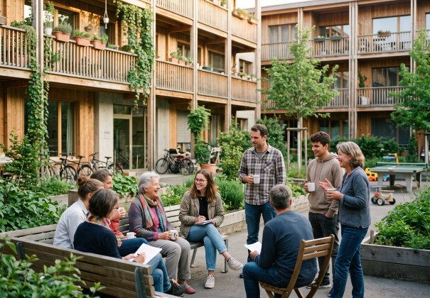 Eine diverse, generationsübergreifende Nachbarschaftsgruppe sitzt und steht im Gespräch vertieft im bepflanzten Innenhof einer Holz-Wohnsiedlung. Im Hintergrund befinden sich begrünte Balkone, Hochbeete und Fahrräder.