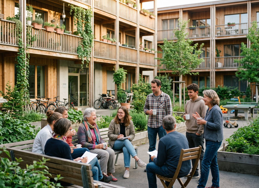 Eine diverse, generationsübergreifende Nachbarschaftsgruppe sitzt und steht im Gespräch vertieft im bepflanzten Innenhof einer Holz-Wohnsiedlung. Im Hintergrund befinden sich begrünte Balkone, Hochbeete und Fahrräder.