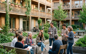 Eine diverse, generationsübergreifende Nachbarschaftsgruppe sitzt und steht im Gespräch vertieft im bepflanzten Innenhof einer Holz-Wohnsiedlung. Im Hintergrund befinden sich begrünte Balkone, Hochbeete und Fahrräder.