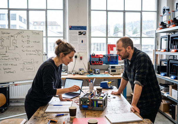 Zwei Personen in ihren Dreißigern stehen in einem hellen Werkstattlabor an einem Holztisch und analysieren gemeinsam einen offenen Energiespeicher-Prototyp. Im Hintergrund sind 3D-Drucker, Werkzeuge und ein Whiteboard mit Schaltskizzen zu sehen.