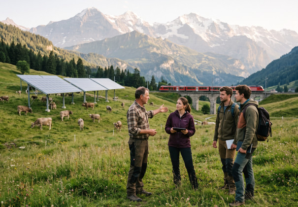 Drei junge Kampagnenvertreter:innen mit Tablet unterhalten sich auf einer Bergwiese mit einem Schweizer Landwirt über eine aufgeständerte Solaranlage. Im Hintergrund weiden Kühe unter den Paneelen, während ein roter Regionalzug über ein Viadukt vor Bergmassiven fährt.