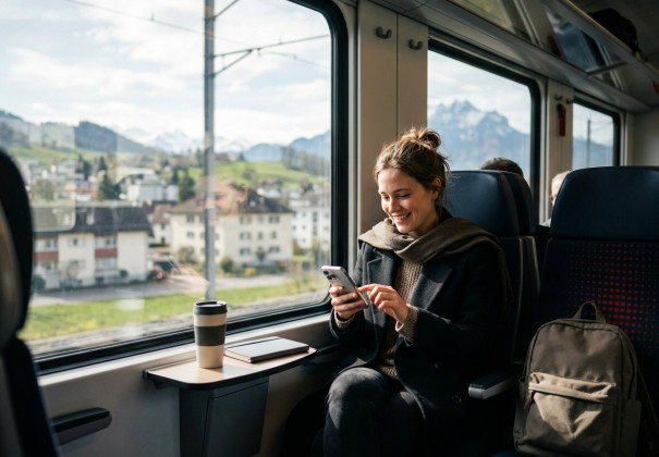 Eine junge Frau sitzt lächelnd am Fenster eines modernen Schweizer Zugs und bedient ihr Smartphone. Auf dem Tischchen vor ihr stehen ein Mehrwegbecher und ein Notizbuch, während draußen sanft verschwommene Gebäude und alpine Hügel im Tageslicht vorbeiziehen.