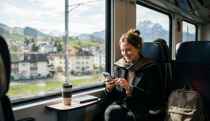 Eine junge Frau sitzt lächelnd am Fenster eines modernen Schweizer Zugs und bedient ihr Smartphone. Auf dem Tischchen vor ihr stehen ein Mehrwegbecher und ein Notizbuch, während draußen sanft verschwommene Gebäude und alpine Hügel im Tageslicht vorbeiziehen.